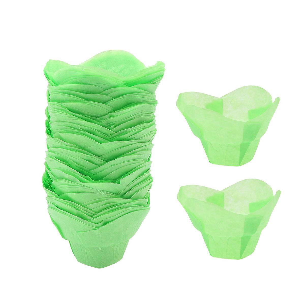 Green Lotus Shaped Cupcake Wrappers, Heat Resistant Oil Paper Muffin Liners, 100PCS for Parties, Weddings, and Baking Desserts