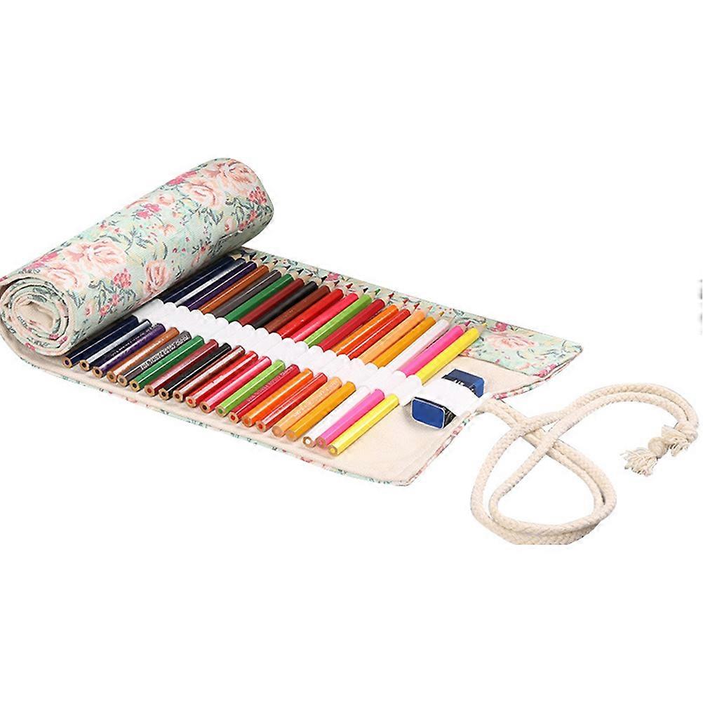 Roll Up Pencil Case Floral Handmade Canvas Pen Holder Large Capacity For Daily Use 1Set