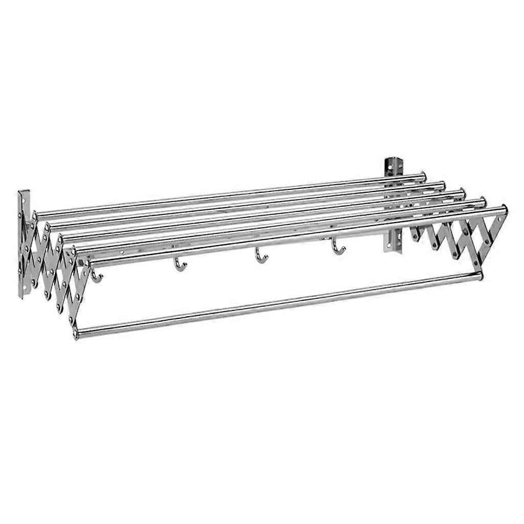 Stainless steel wallmounted towel rack with 6 rods, 4 hooks, and foldable telescopic design, 100 cm.