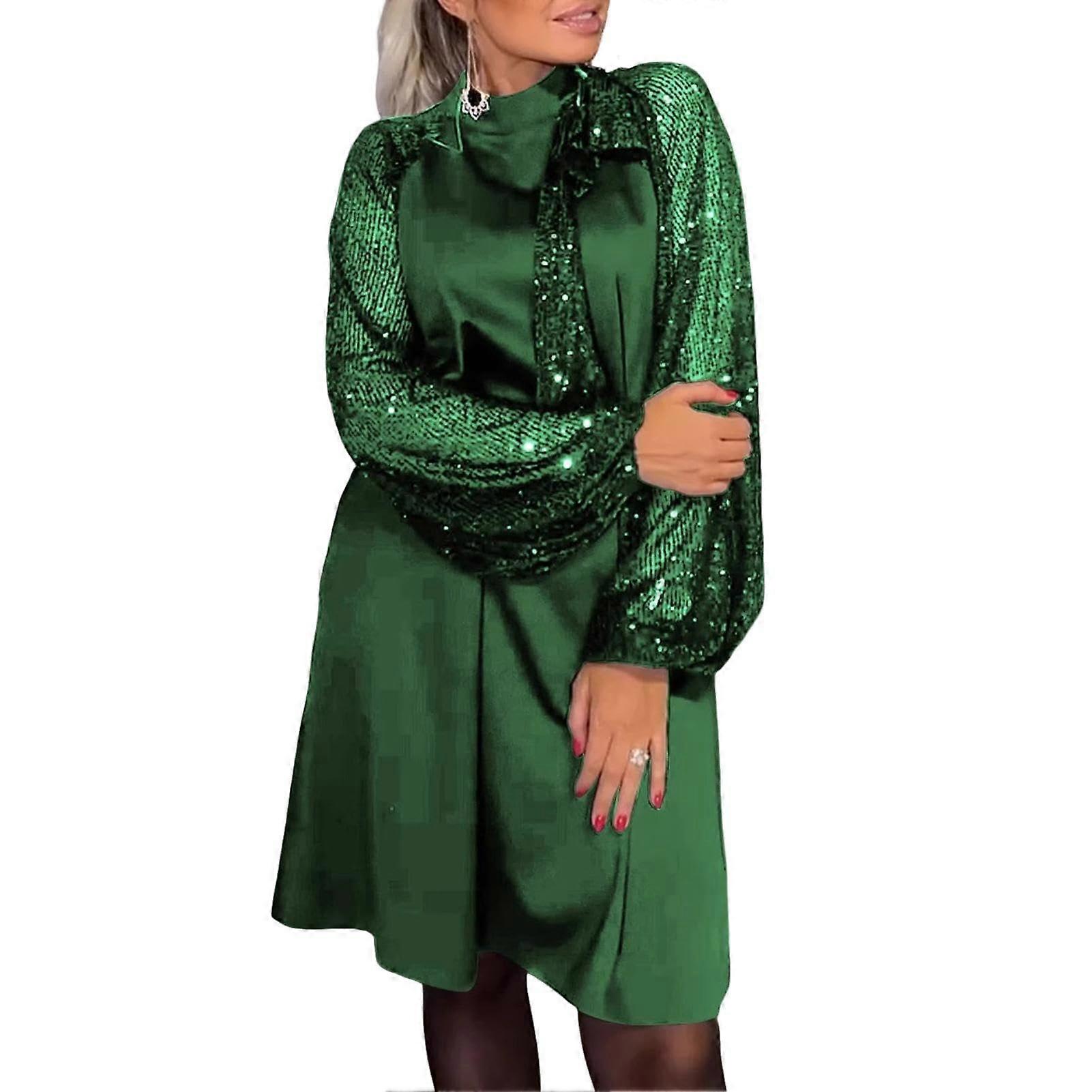 Women's Sequin Long Sleeve Midi with LaceUp Belt Green XL