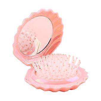 Conjunto de pente e espelho em formato de concha com almofada de ar, ferramenta portátil para estilizar o cabelo, escova de cabelo com massagem portátil rosa.