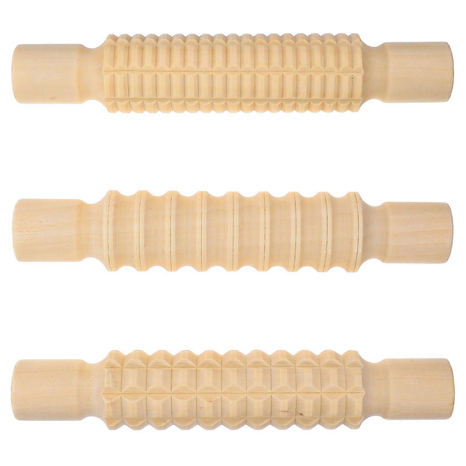 Wooden Rolling Pin for DIY Craft with Smooth Edges and Three Patterns Beige