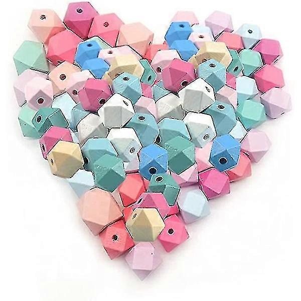 70 pcs Geometric Octagonal Wooden Beads 15 mm Multicolor DIY