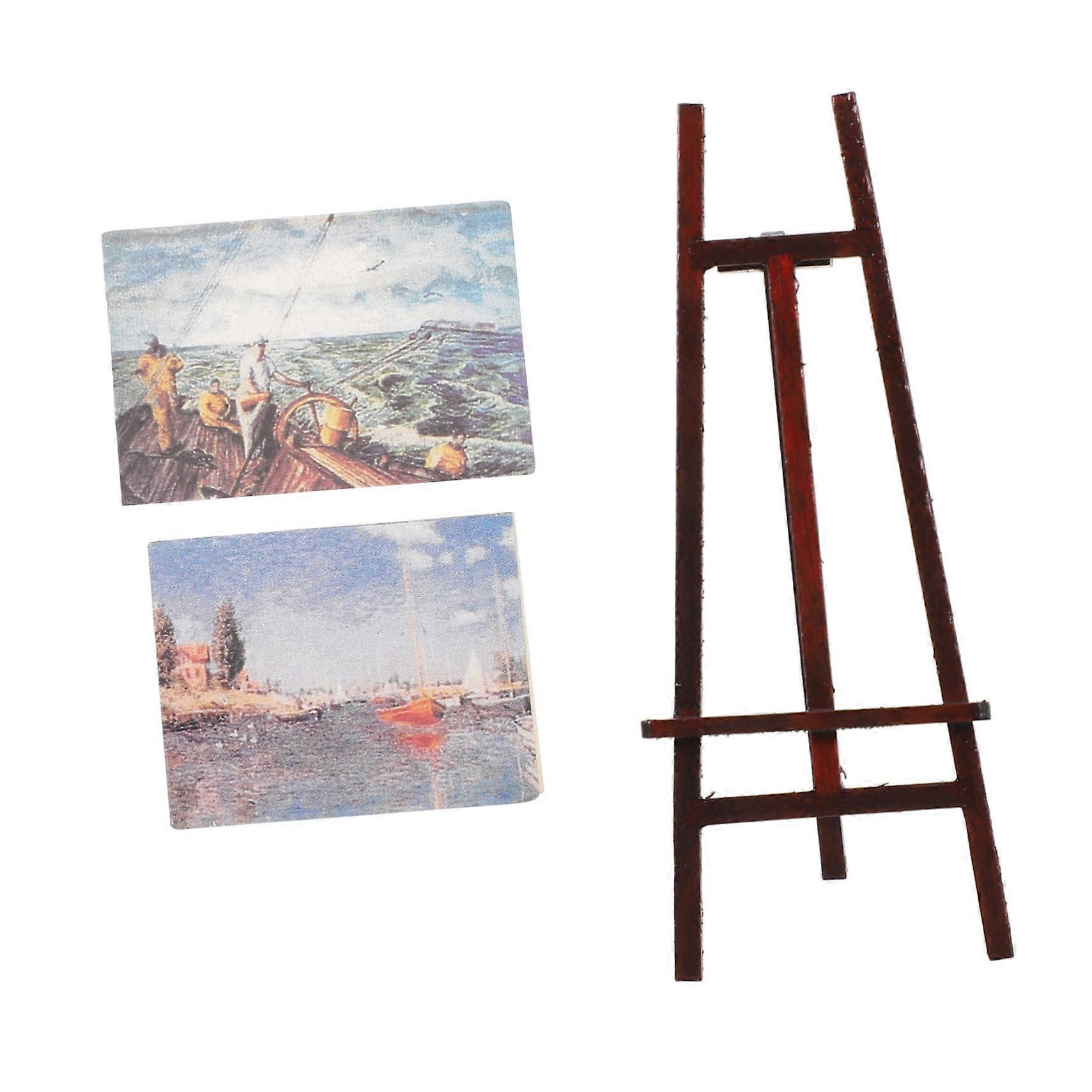 Dollhouse Easel Set with Mini Canvas Panels, Birch Miniature Decorative Furniture for Simulation Painting