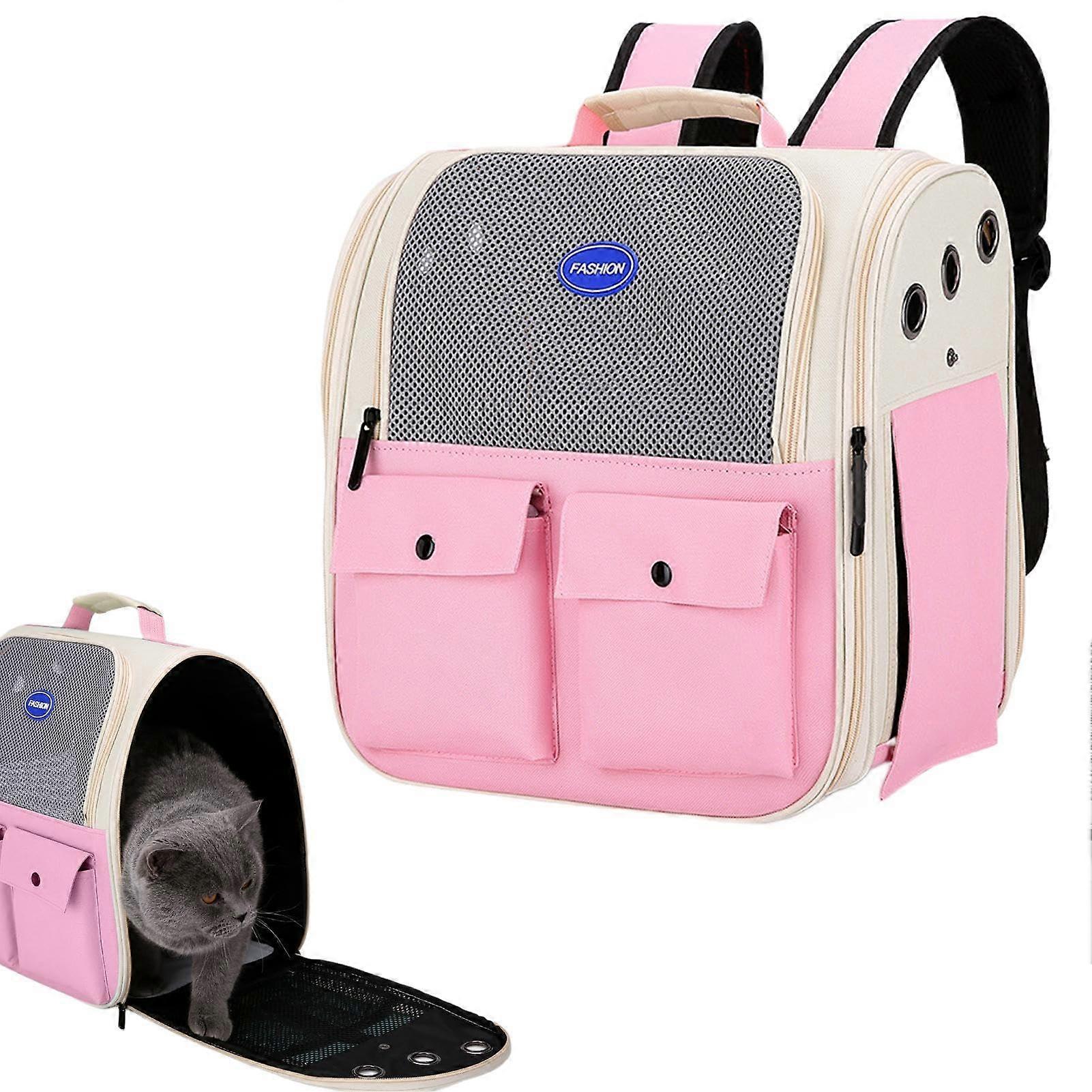 Cat Backpack Carrier Breathable Mesh Foldable Cat Carrier With Pockets Padded Straps And Waist Belts Pink