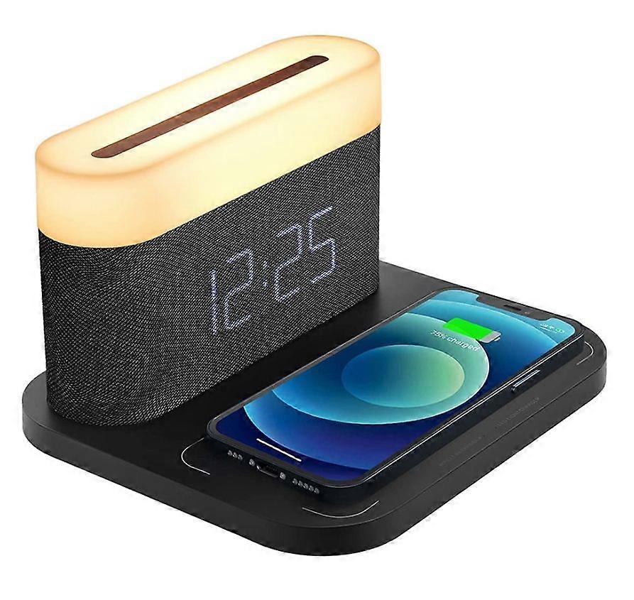 Three-in-one wireless charging mobile phone charger home desktop small table lamp clock night light wireless charging(Black)