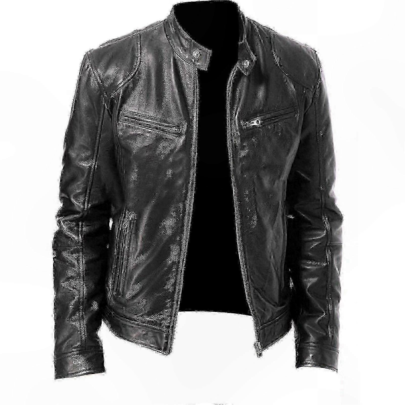 Men's Leather Work Jacket with Zippered Front Closure
