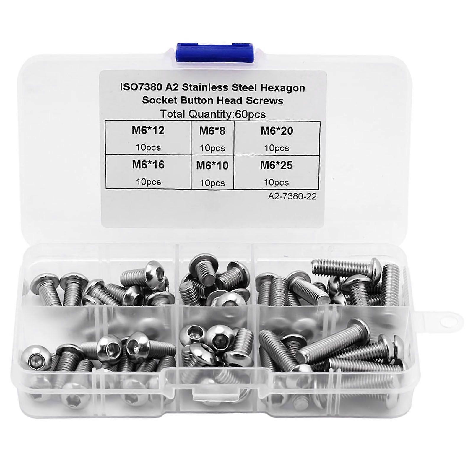 60PCS M6 Stainless Steel Hex Socket Button Head Screws Fasteners Accessories with Plastic Box