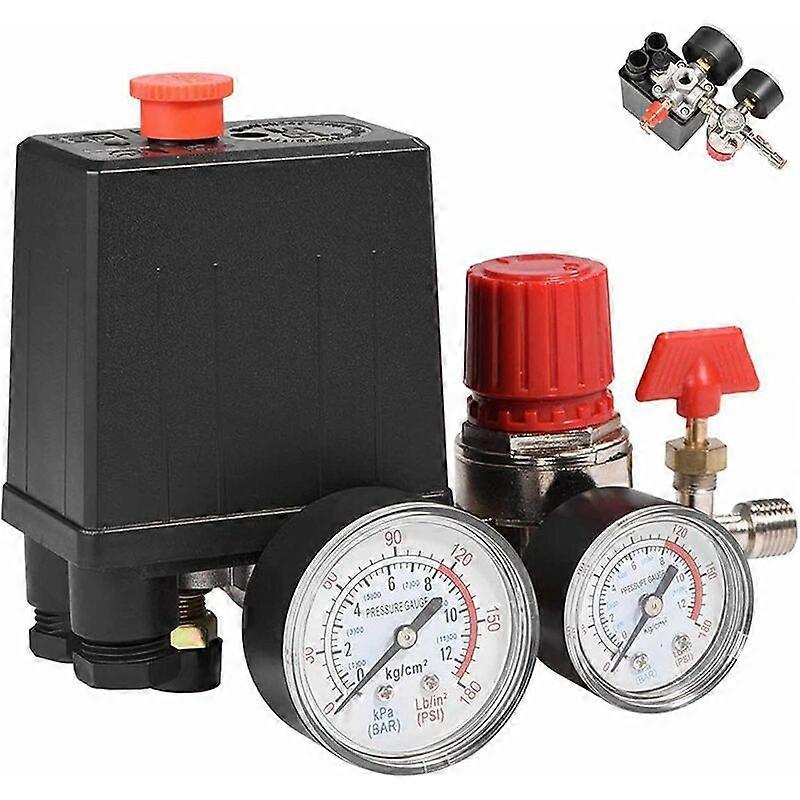 90-120PSI 4 Port Single Phase Air Compressor Pressure Switch with Gauges for Rapid Pressure Reduction - LKBD