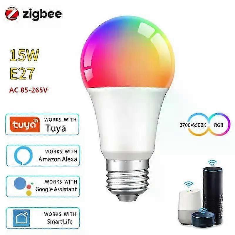 Ampoule connectée Tuya Zigbee 2025, 9/12/15/18 W, sans fil, avec minuterie, LED RGBW E27, 2 700 K-6 500 K, commande vocale via Alexa et Google Home.