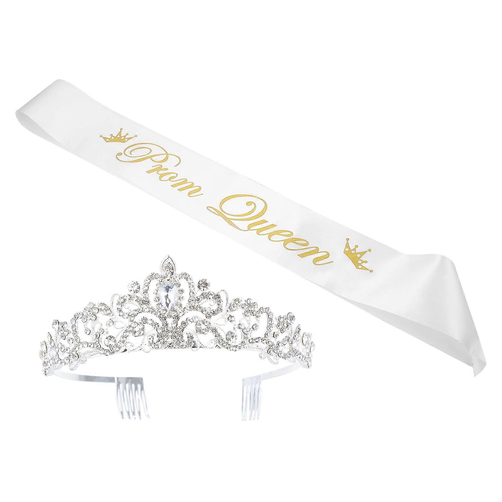 Prom Queen Sash and Crown Set with Rhinestones for 8Pcs Events