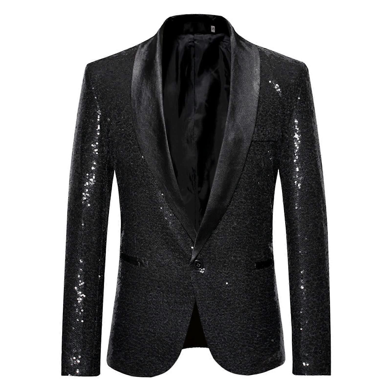 Sequin Jacket Men's Show Blazer Metallic Sequins Costume Suit Jacket Black Size L Long Sleeve