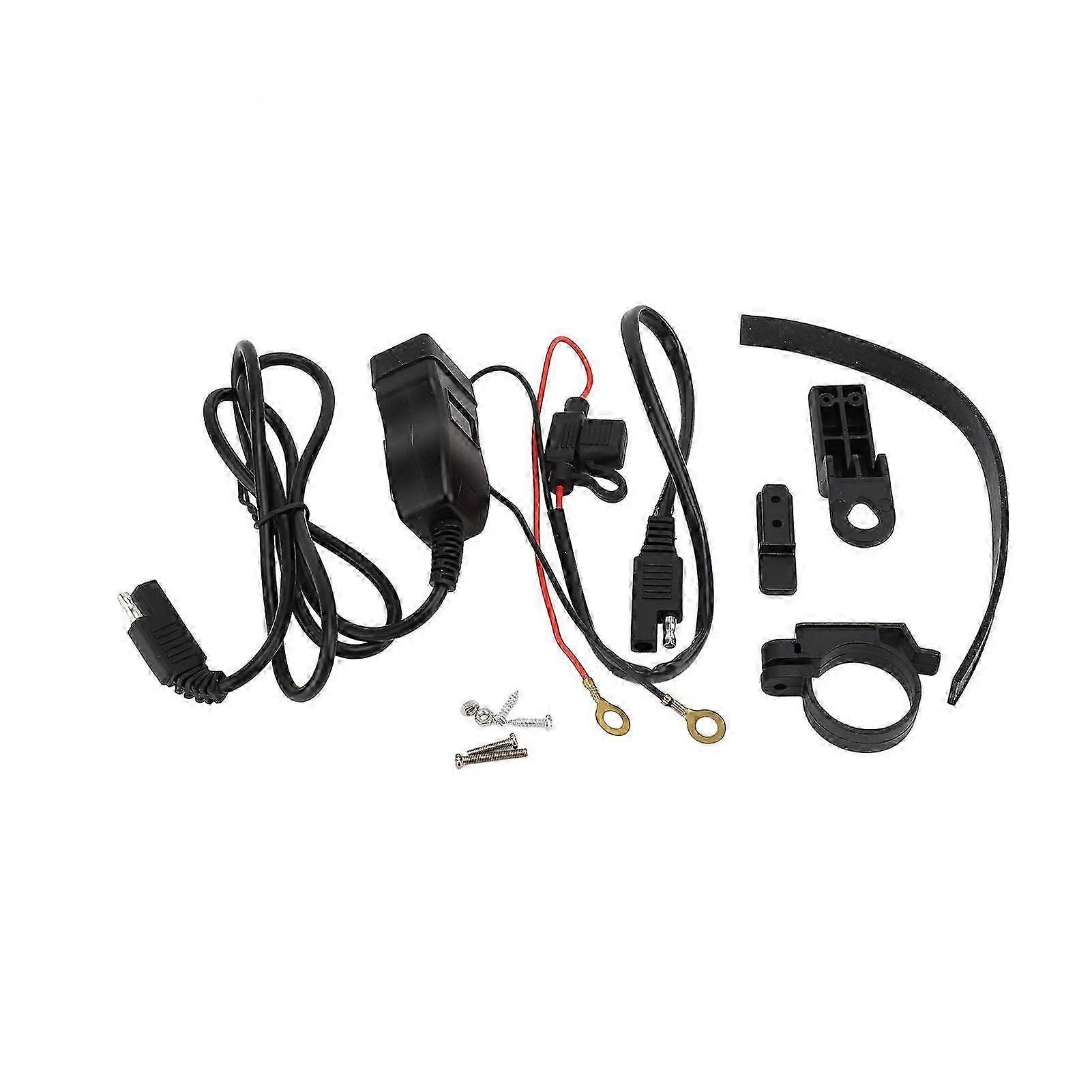 Motorcycle USB Charger Dual USB A 12V-24V Universal Water Resistant with Voltmeter SAE Interface for Handlebar Blue