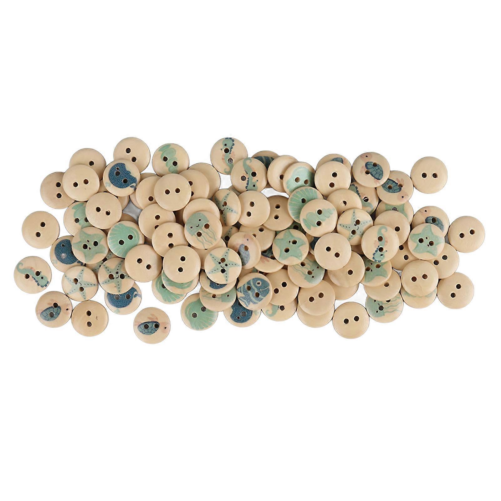 100pcs Mixed Printing Wooden Buttons 2 Holes Round Decorative Wooden Buttons for Sewing Craft Log Color Ocean 