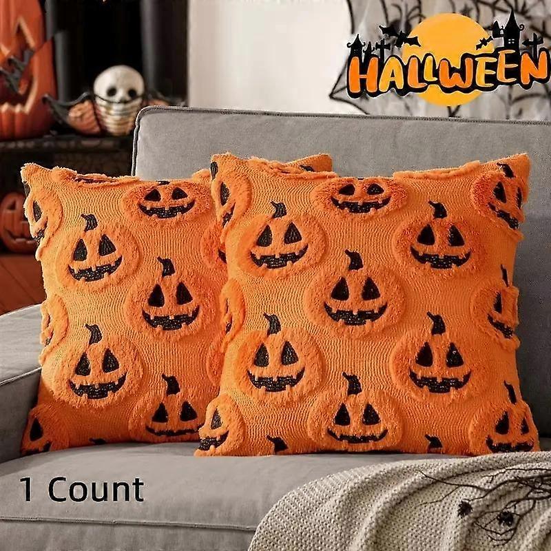 Capa de almofada bordada com abóbora de Halloween, capa de almofada de lã com zíper, design geométrico para decoração de casa.