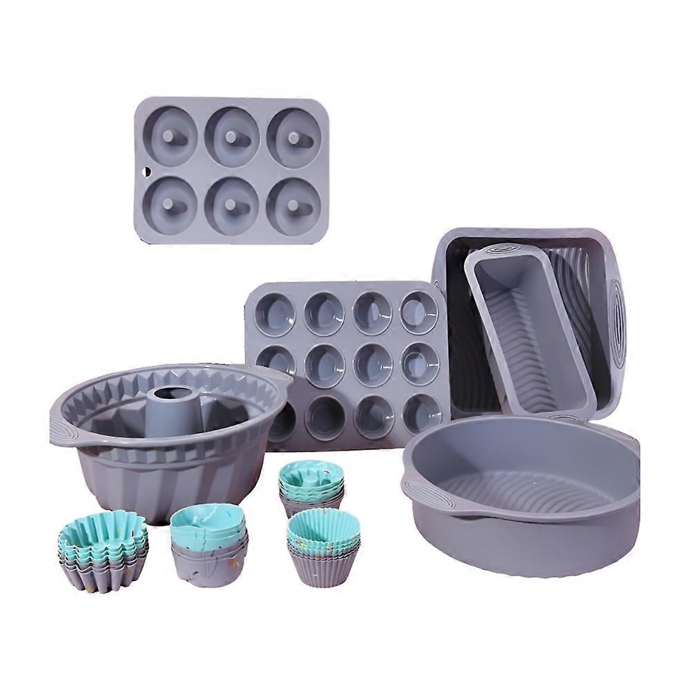 Formas e moldes de silicone para bolos e muffins, cinza.