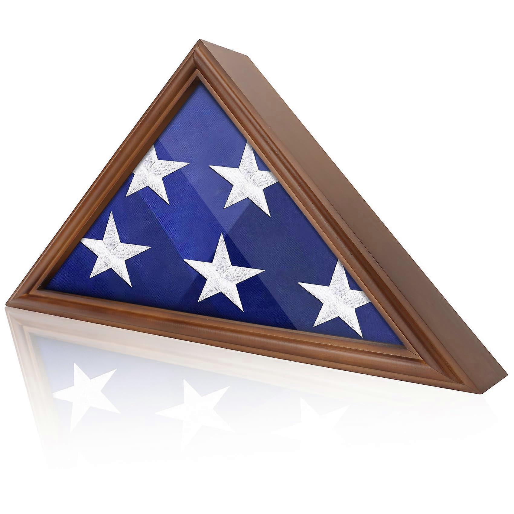 Military Funeral Flag Display Case with Tempered Glass, Wall Mount Walnut Triangle Holder for Veterans 5' x 9.5'