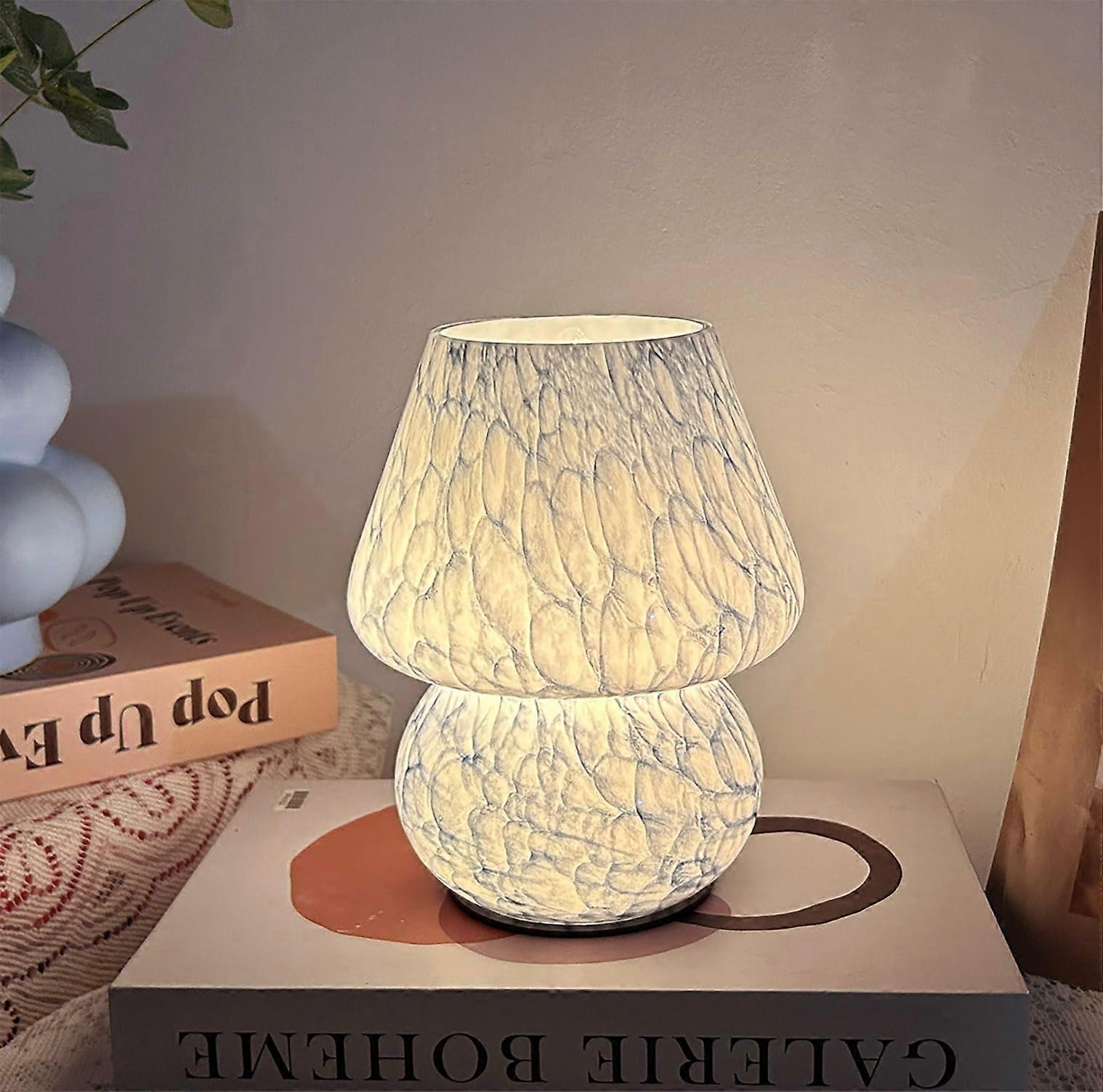 Battery Powered Mushroom Table Lamp with Timer, Cordless Glass LED Night Light for Home Decor, Blue