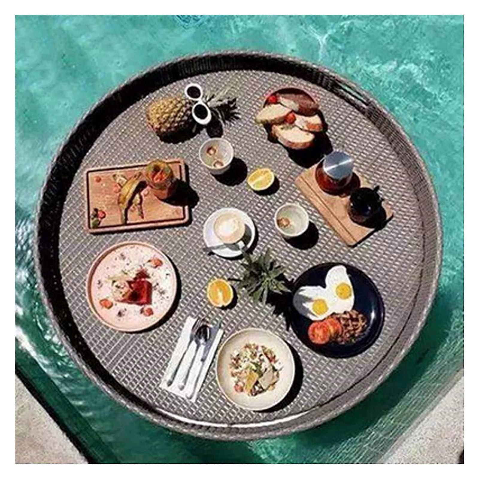 Floating Serving Tray for Pool, Round Rattan Waterproof Food Tray with Rustproof Frame and Handles
