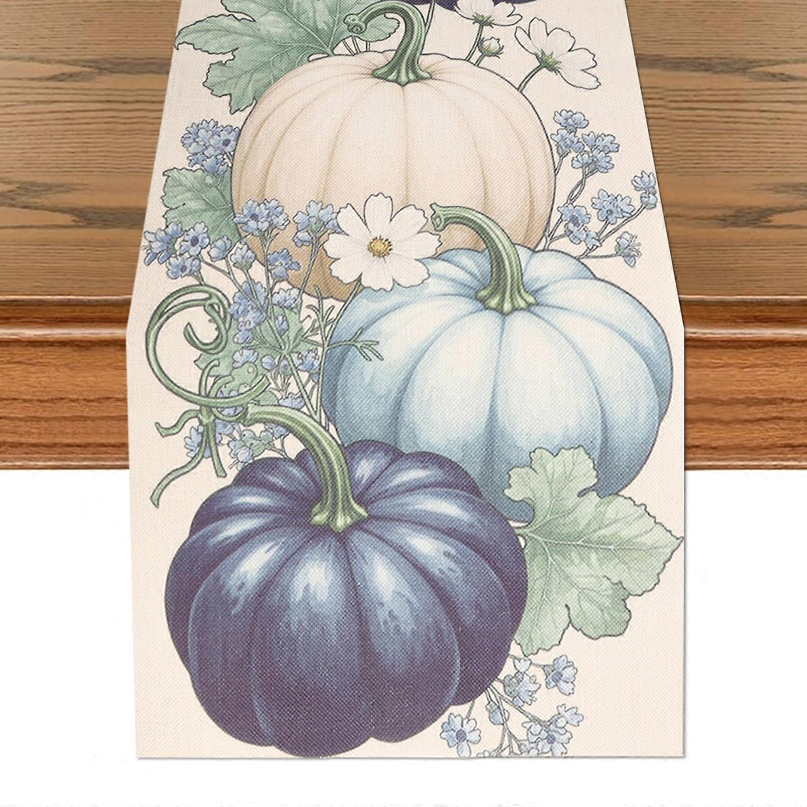 Fall Table Runner 13x72 Burlap with Blue Pumpkin Design for Rustic Thanksgiving and Autumn Décor