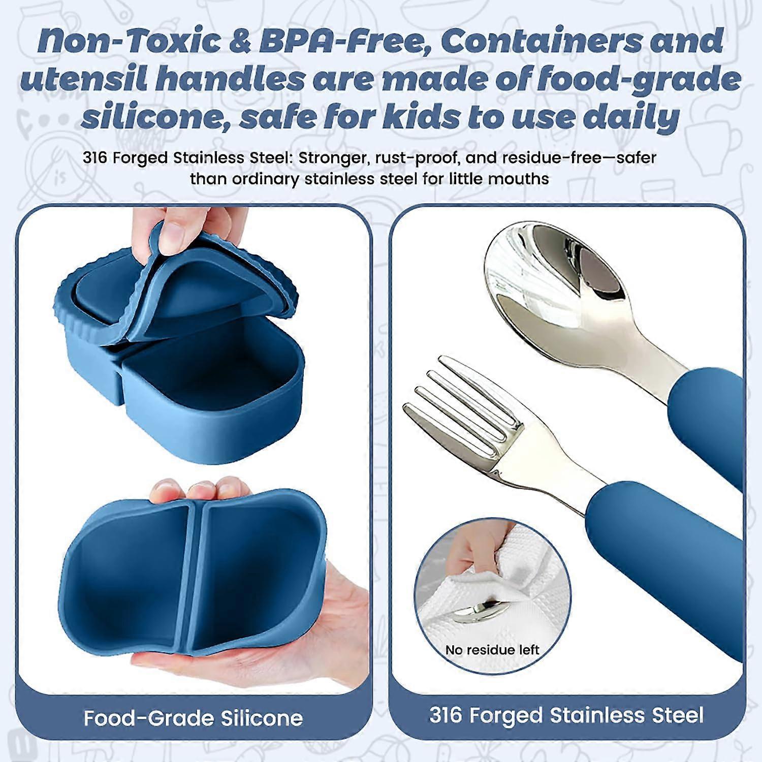 Kids Snack Containers with Utensil Set, BPA  Leak Proof TwoCompartment Silicone Lunch Box Blue