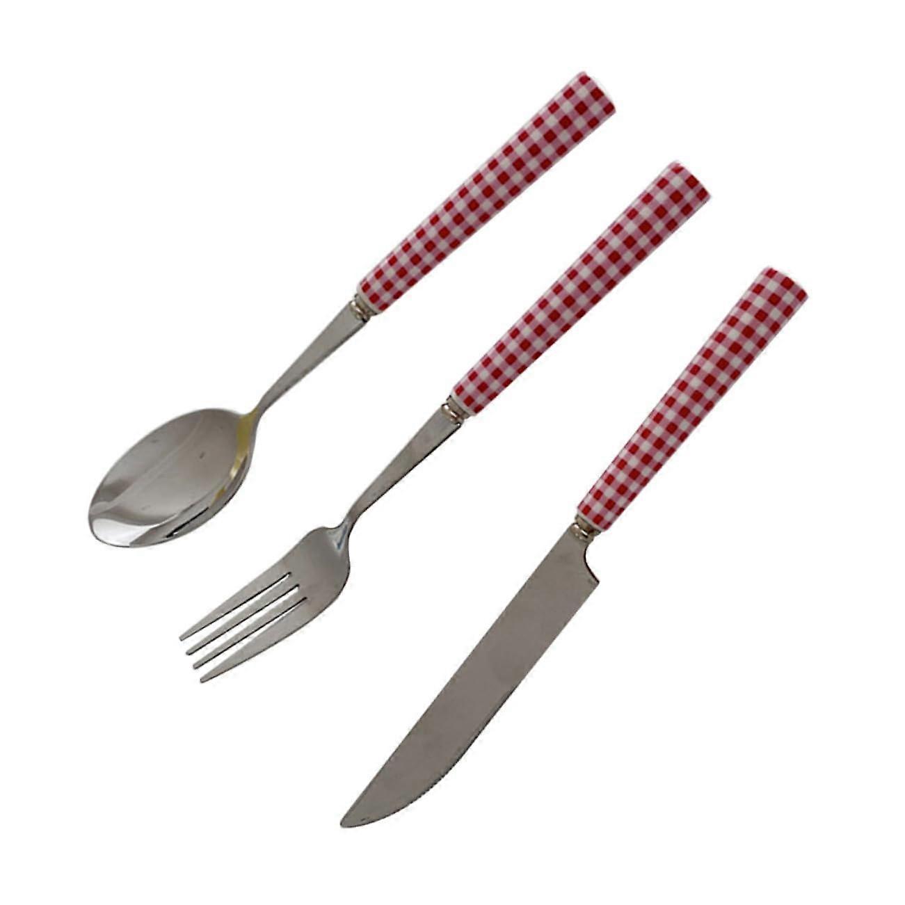 Stainless Steel Kitchen Utensils Set with Ceramic Handle Spoon, Red Plaid Tableware Design
