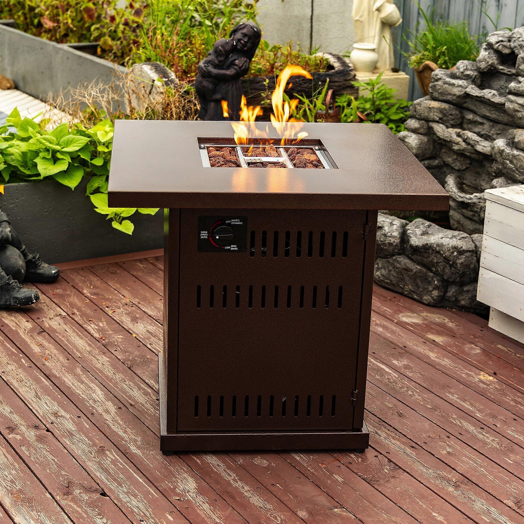 Outdoor Propane Fire Pit Table 28 Inch Square Steel with Adjustable Flame for Patio Heating