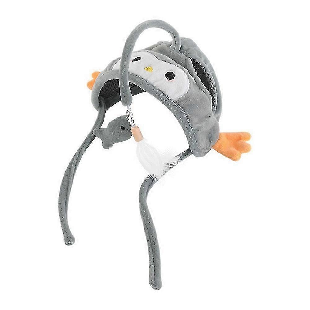 Interactive cat headgear with feather toy and adjustable size
