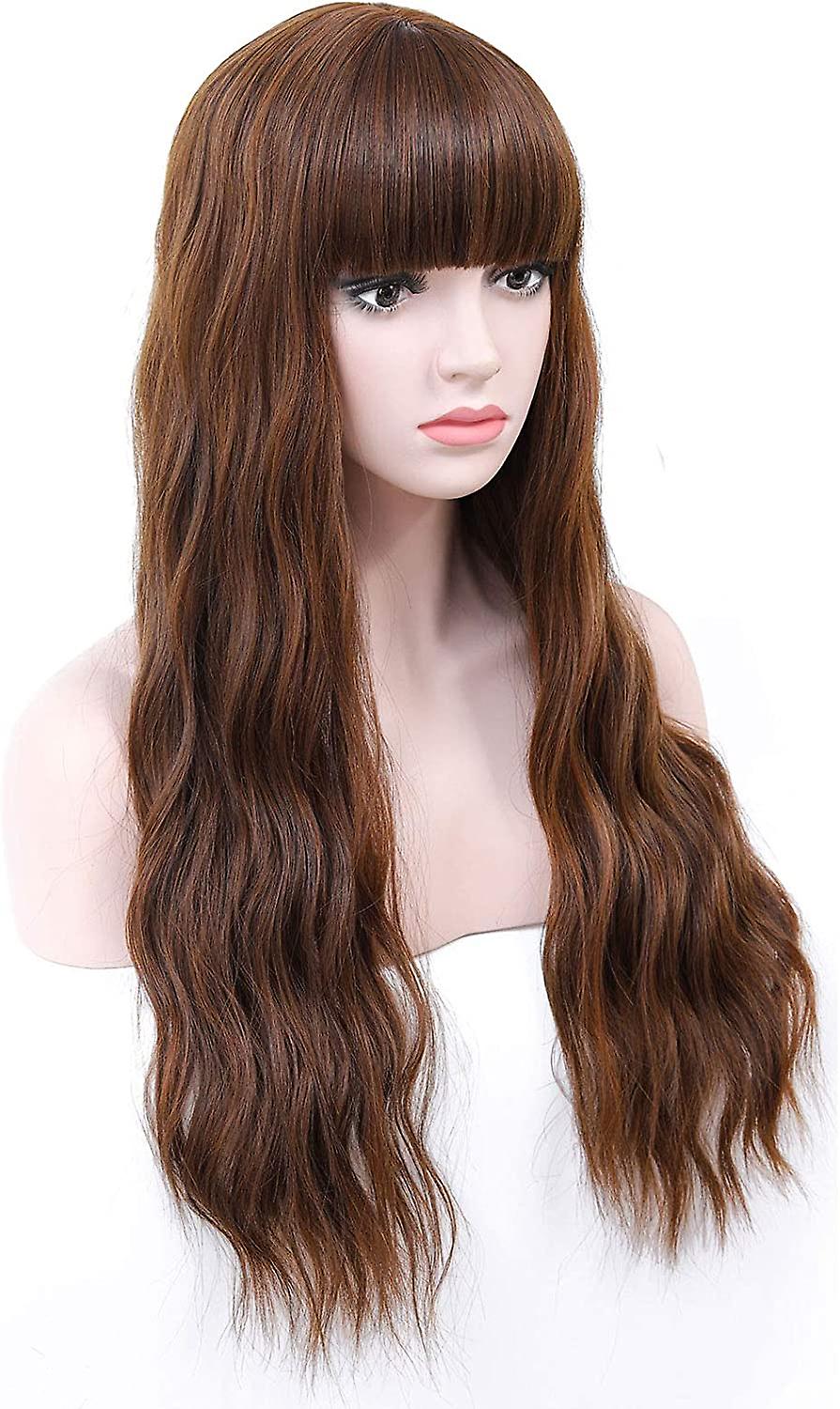 70cm Brown Long Wavy Wig with Bangs Glueless Synthetic (Long Wavy Wig 07)