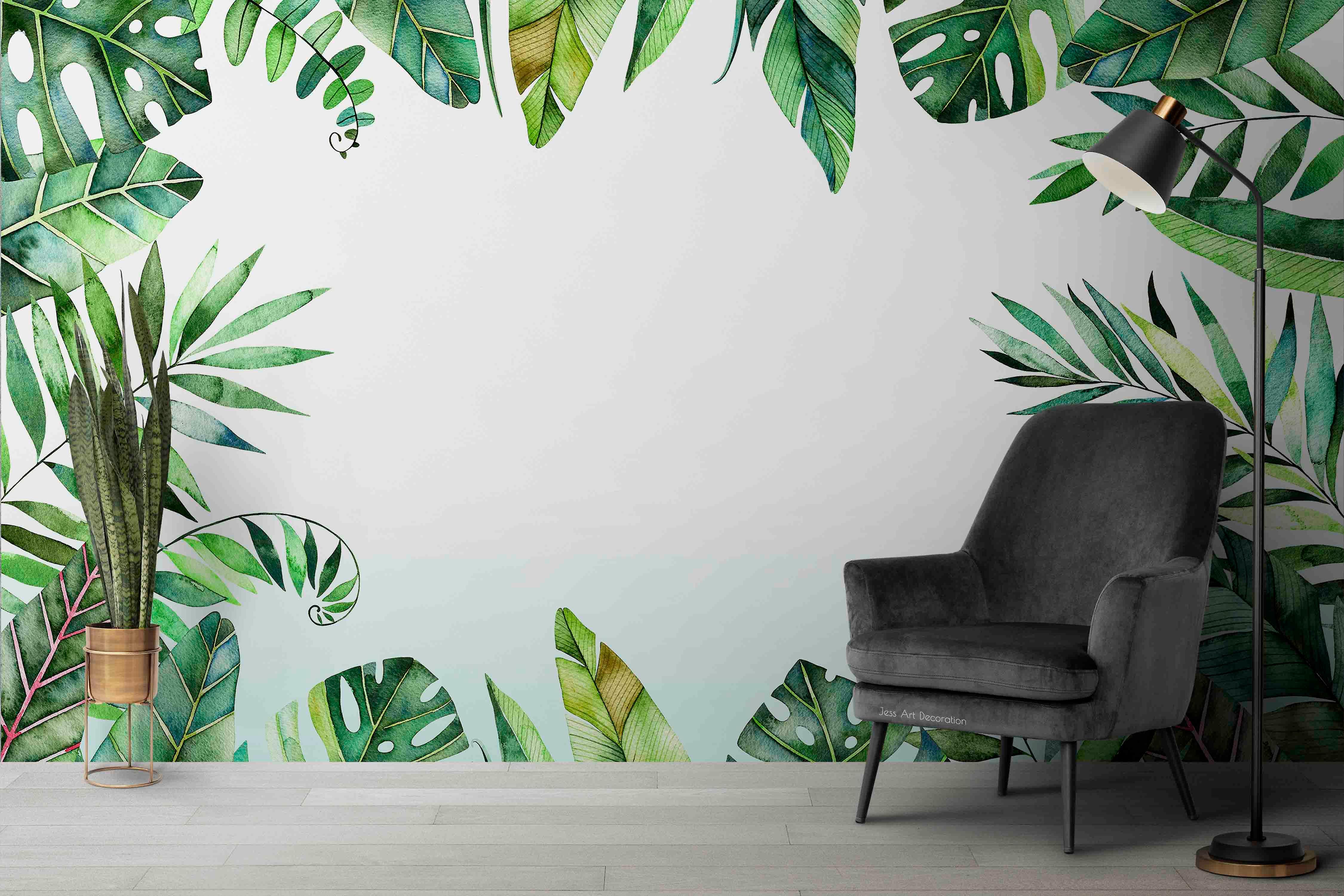 3D绿色热带植物叶框墙壁纸Gd 2897