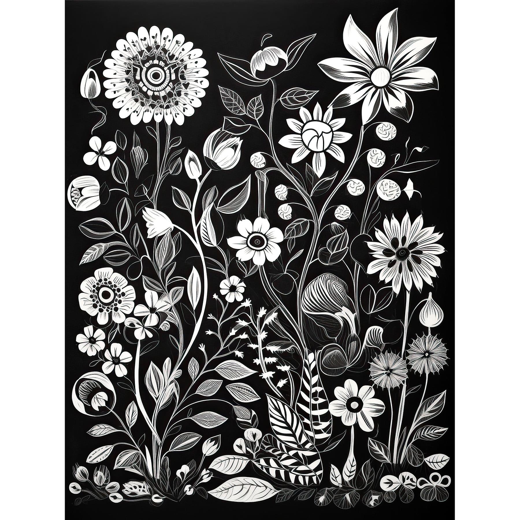 Black and White Wild Flower Contour Pattern Large Wall Art Print Thick Paper -yezhiaaa988