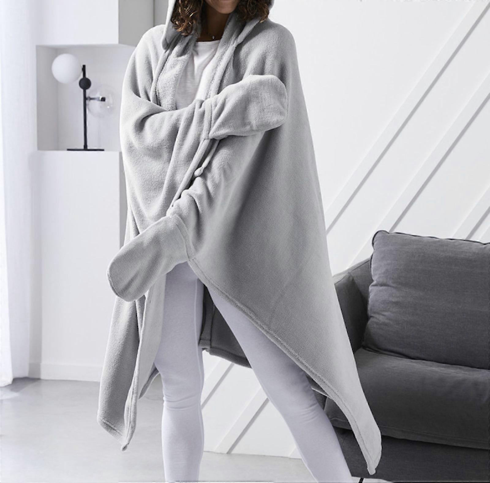Fleece plaid blanket with steel-colored sleeves and hood 165 x 115 cm