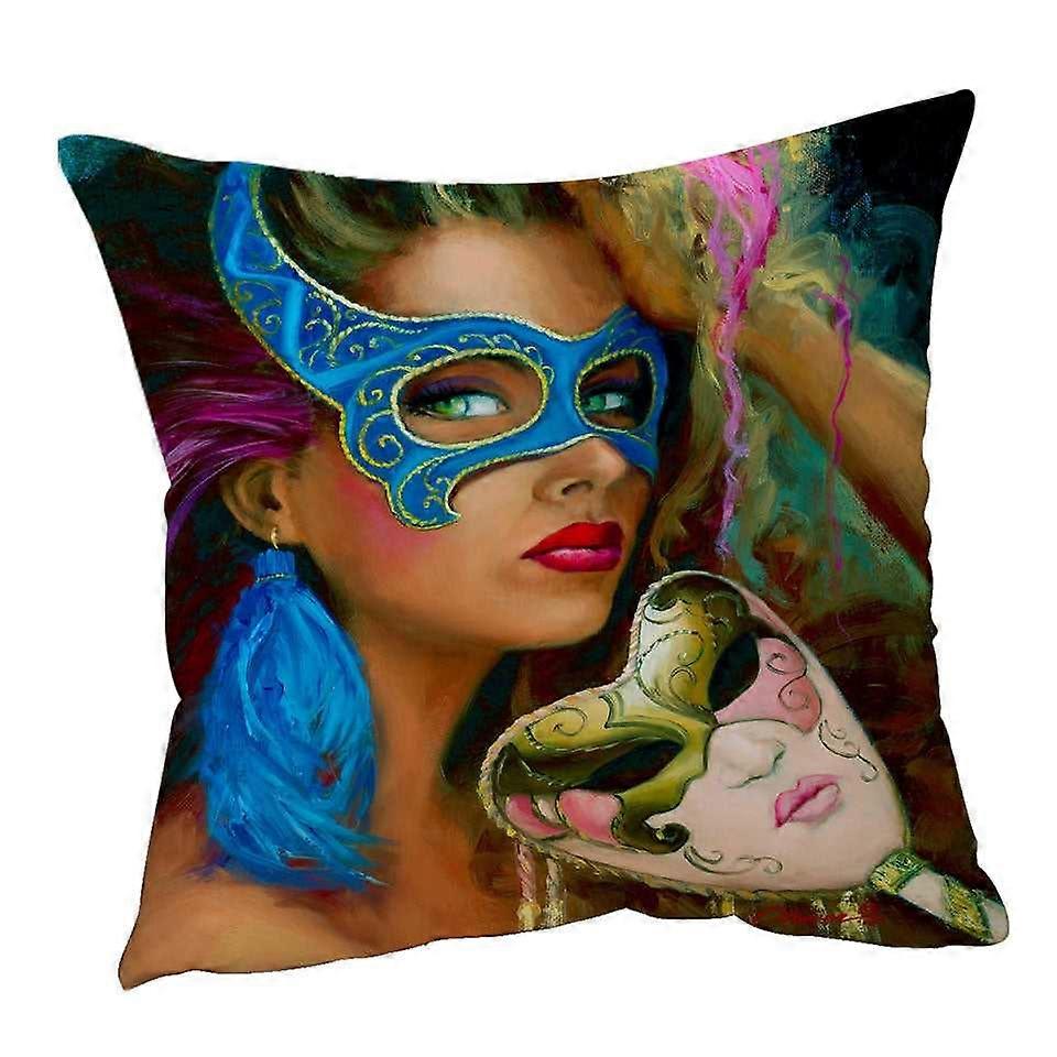 Blue Mask Beautiful Woman Drawing Cushion Cover