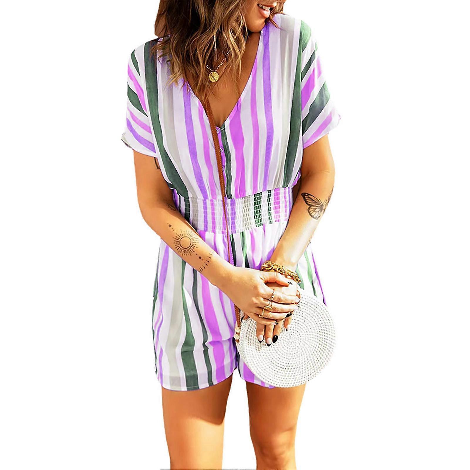 Women Short Jumpsuit V Neck Shirred Waist Striped Printed Female Short Jumpsuit for Office Purple S