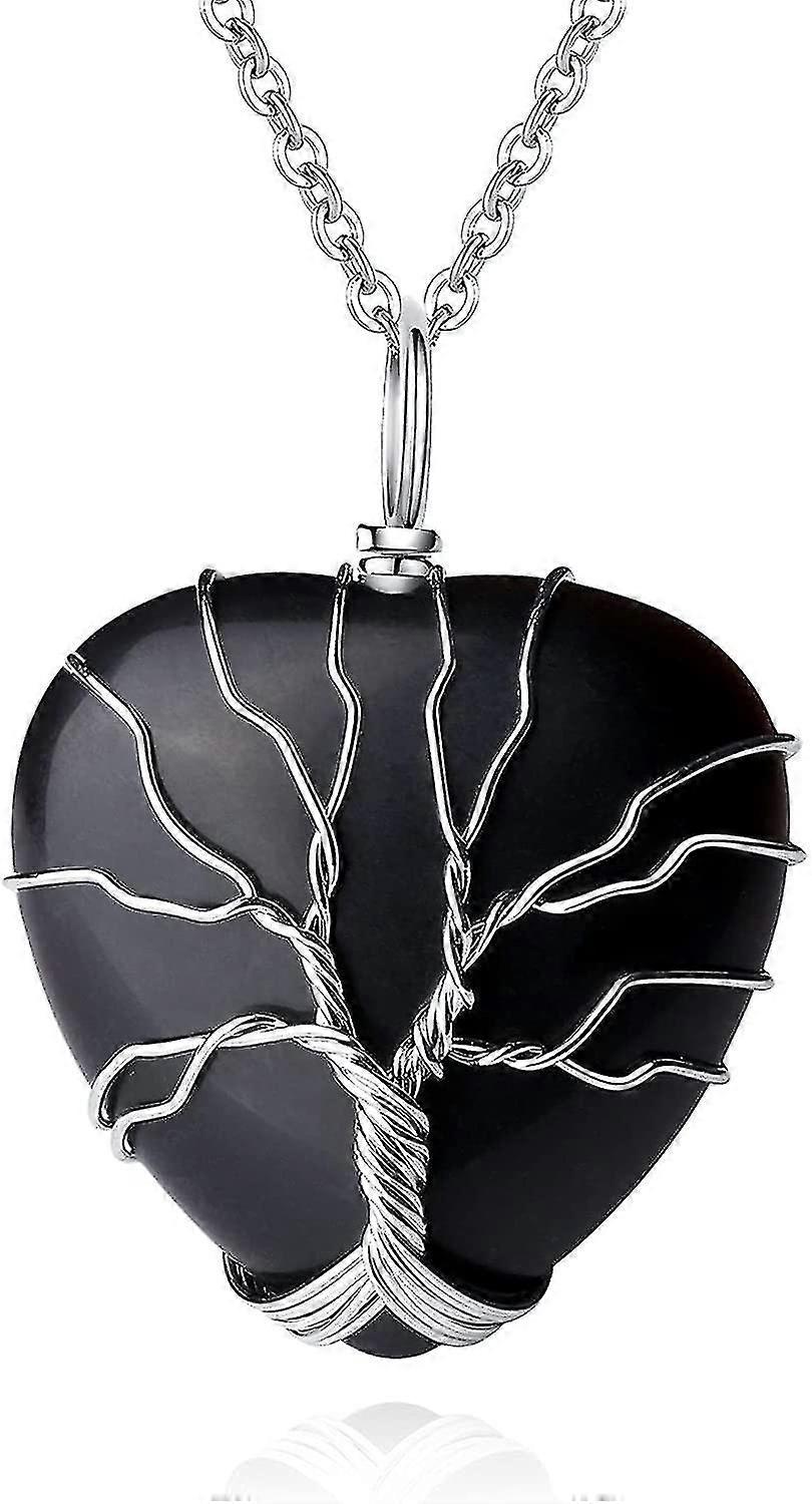 Collier en obsidienne avec pendentif en forme de cœur et arbre de vie