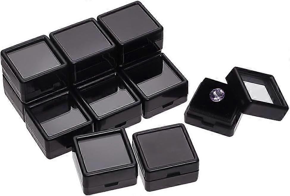 12 Pcs Gemstone Display Boxes 1.14x1.14x0.65 inch Black Plastic Square Jewelry Display Container Diamond Storage Box with Clear Glass Top Lids and Spo