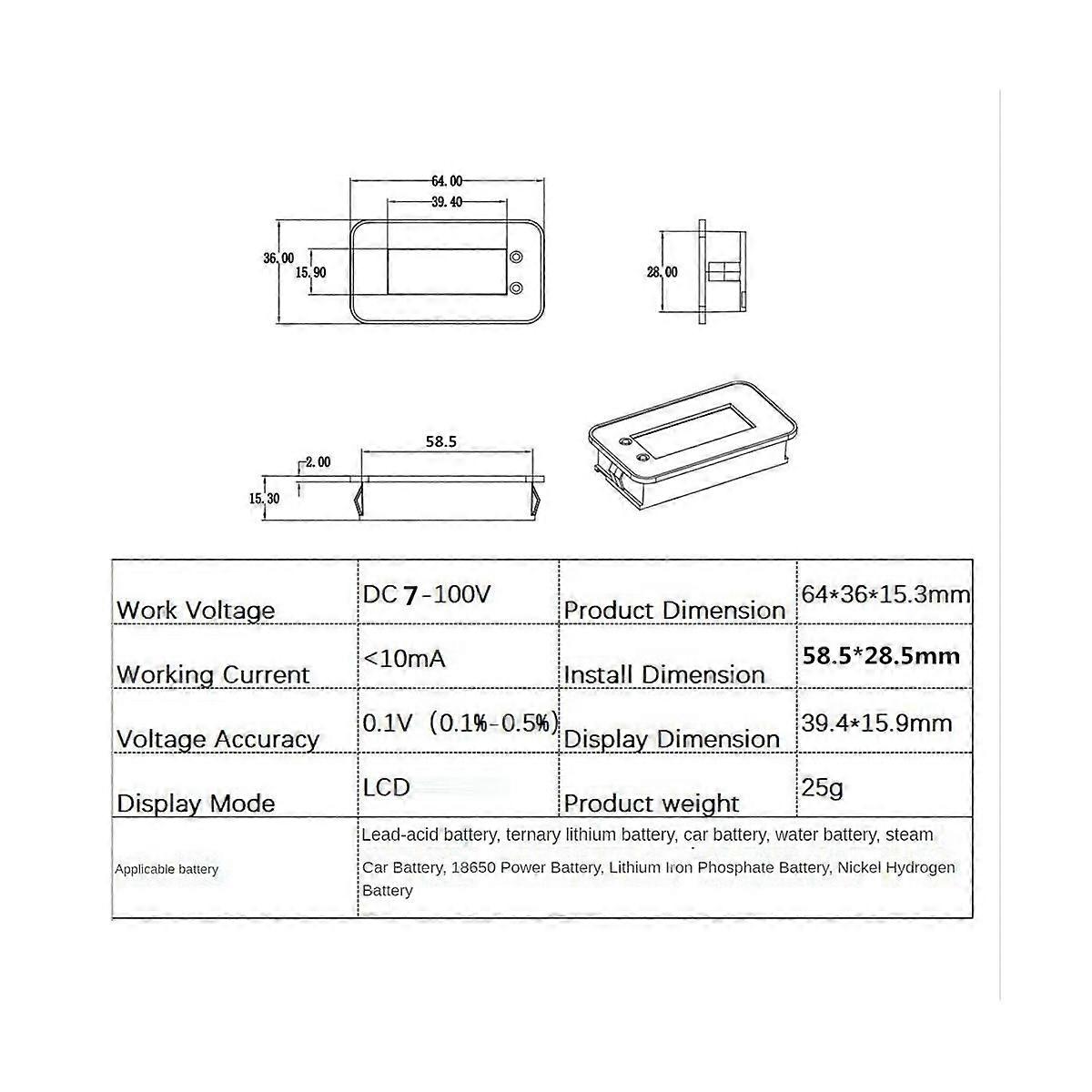 7-100V Digital Battery Capacity Tester Battery Monitor Voltage Temperature Switch Meter for Car Shi