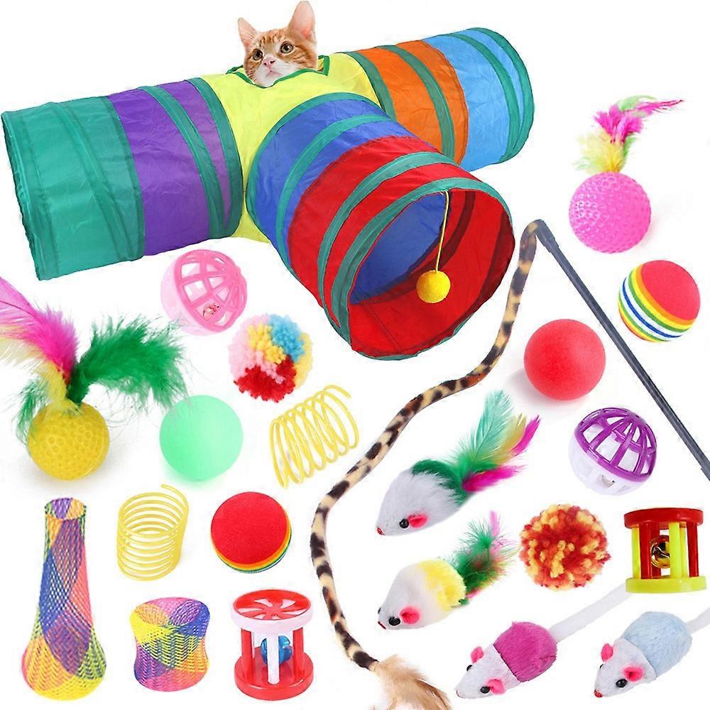 22Pcs/Set Cat Toys Set with T-Shaped Colorful Tunnel Interactive Cat Toy Feather Mouse Crinkle Balls