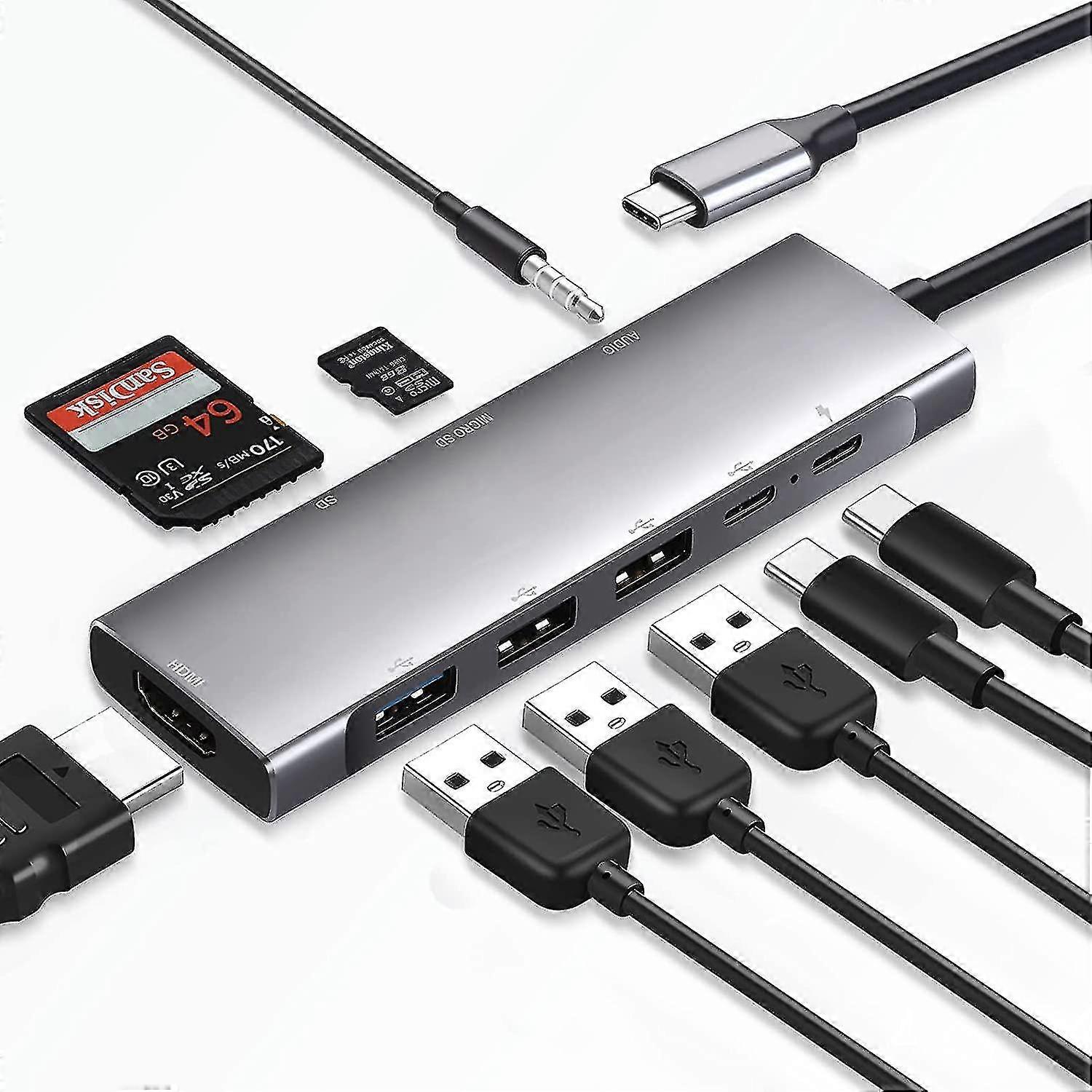 USB-C-Hub-Multiport-Adapter 9-in-1-Dockingstation USB-C-auf-4k-HDMI-Adapter mit 3 USB3.0-, Audio-, TF-/SD-Kartenlesern