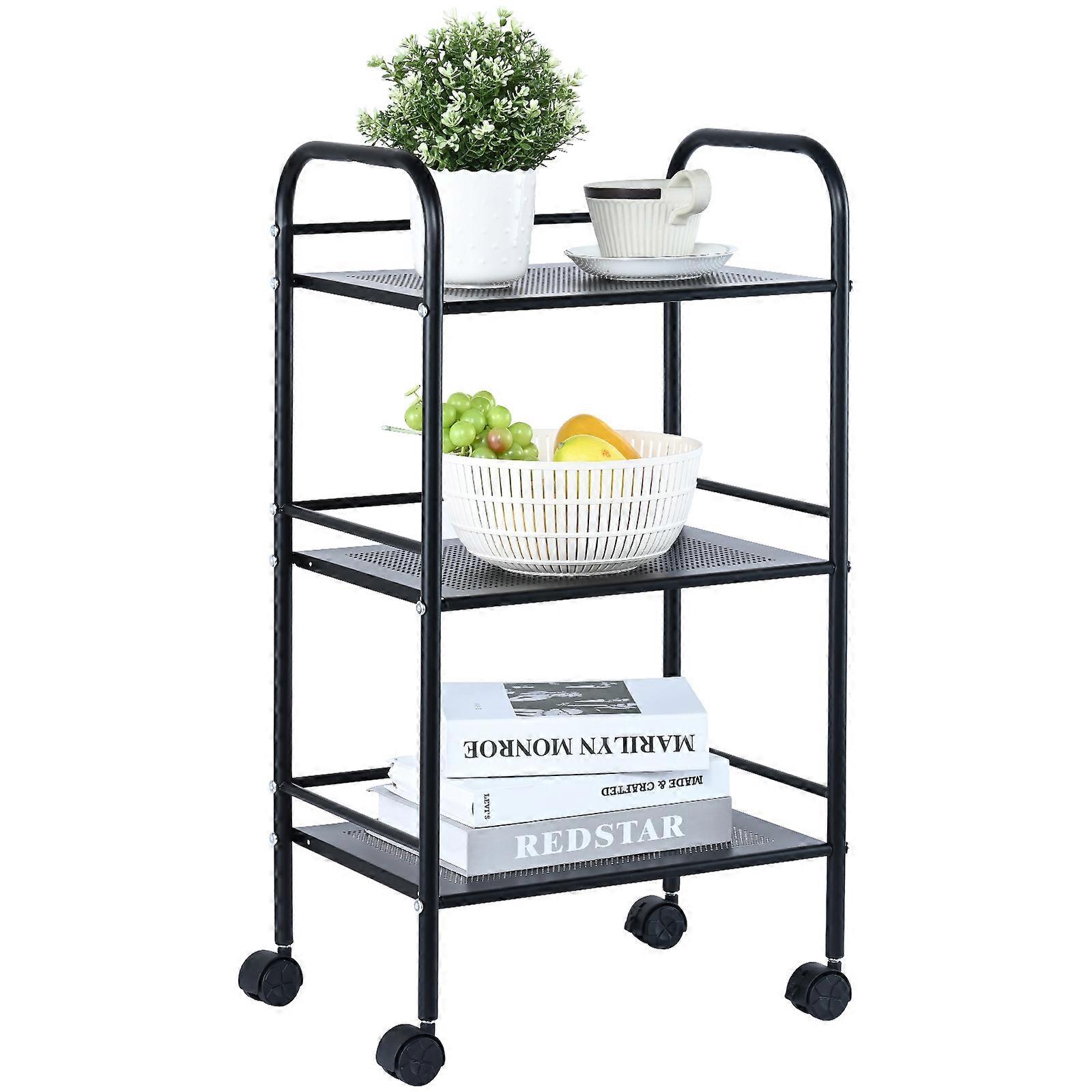 3-Tier Metal Rolling Cart, Heavy Duty Utility Cart with Lockable Wheels, Multi-Functional Storage Trolley with Handle for Office