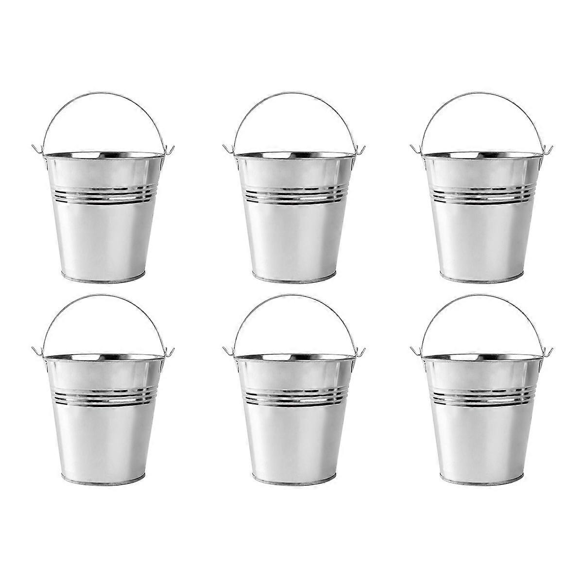 6pcs Tinplate Fries Bucket Food Serving Container Portable Ice Chiller Cooler with Handle for Wine Champagne Beer (Large Size, Sliver)