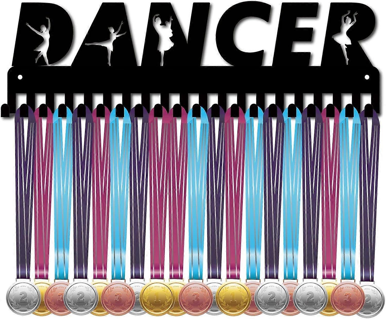 Iron Medal Holder Frame Medals Display Hanger Rack 20 Hooks with Screws Rectangle with Human and Word DANCER Pattern Electrophoresis Black 12.1x40cm