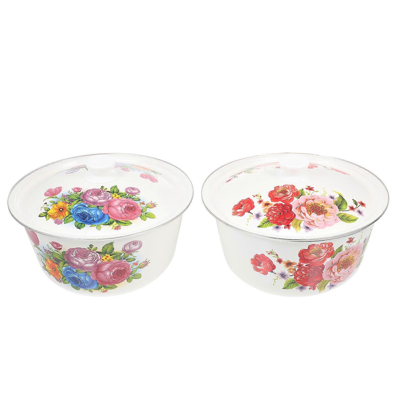 2Pcs Thickened Enamel Basin Double Handle Storage Bowl Vintage Enamel Pot