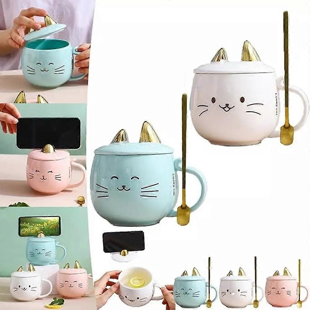 Pink Cat Mug,Kitty Mug,Cat Coffee Mug with Ears,Cute Cat Mug with Lid and Spoon