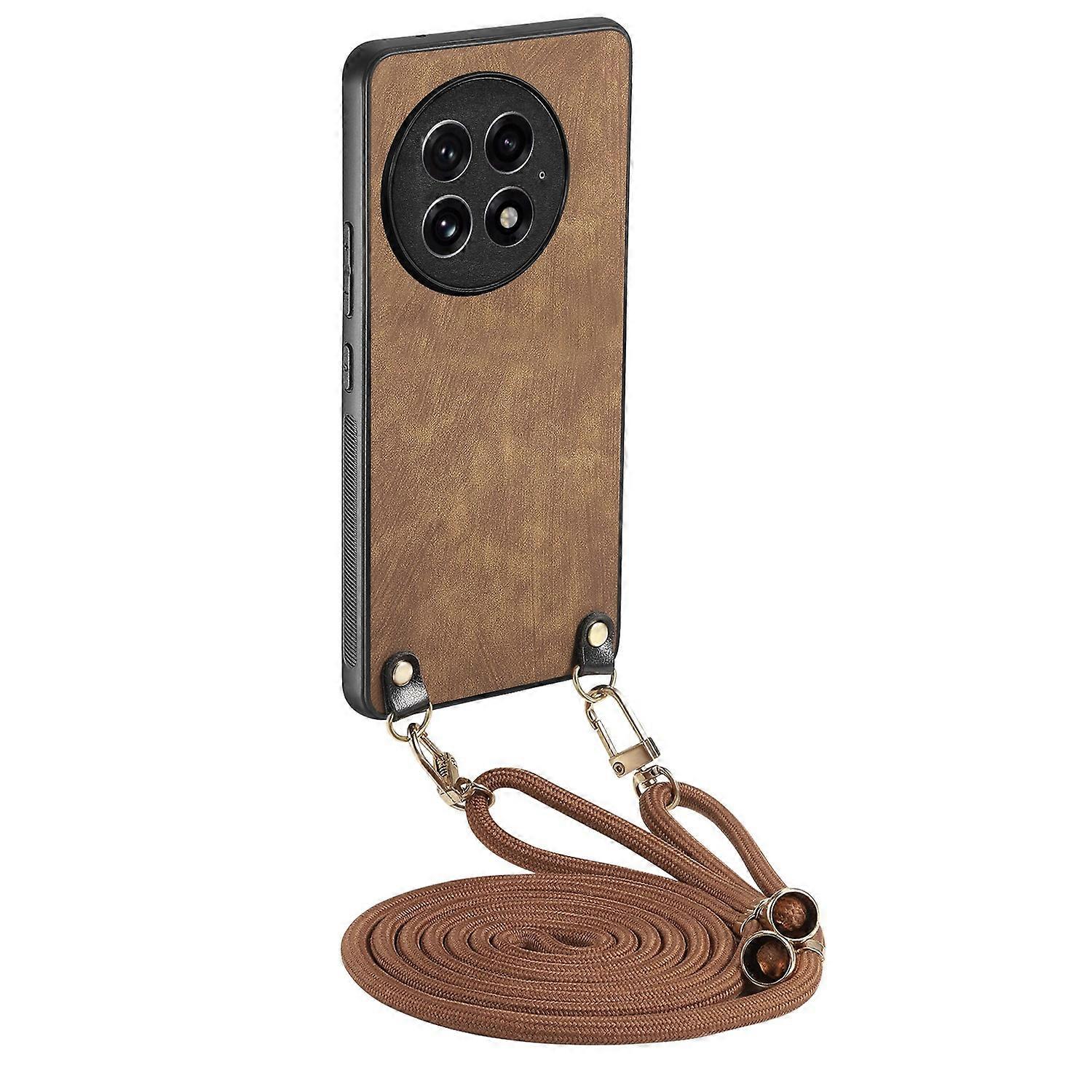 For OnePlus 13 Retro Leather Phone Back Cover with Adjustable Strap - Brown