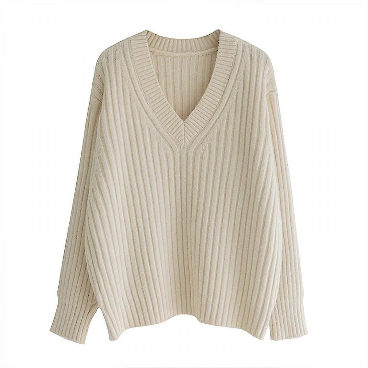 2022 Fall Winter Women's Sweater V Neck Long Sleeves Loose Fit  Solid Tops Pullover