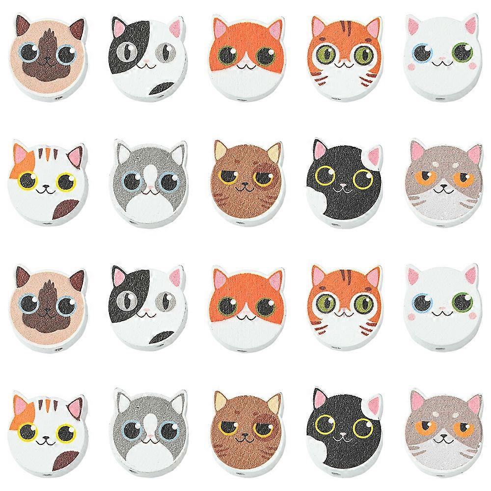 Craft Beads 40Pcs 10 Colors Printed Wood Beads Cat Shape