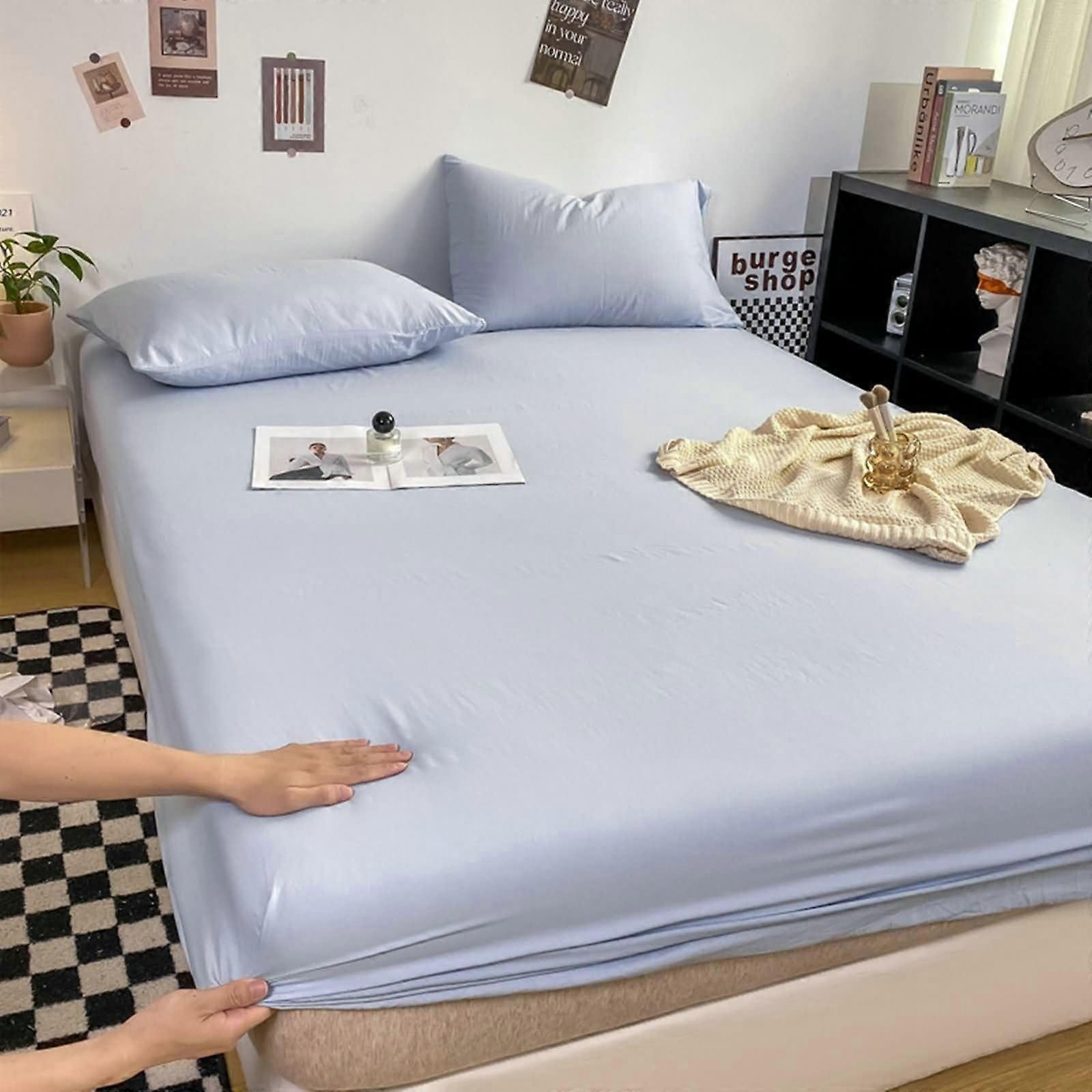 Fitted Bed Sheet 35x80 Inch, Polyester Solid Light Blue, 90x200 Cm Mattress Protector