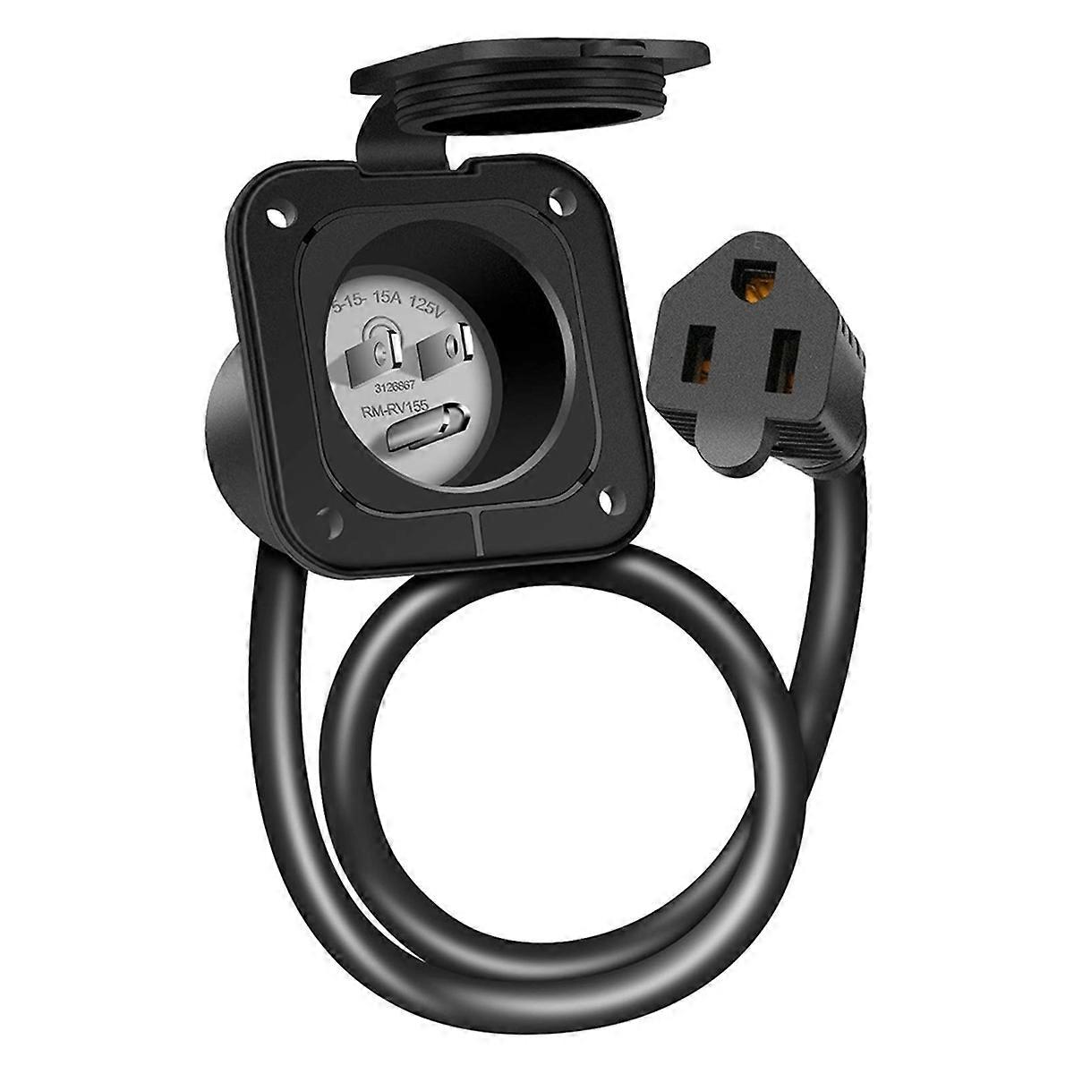 15 Amp 125V AC Power Inlet Port Plug with Integrated 18 Inch Extension Cord, NEMA 5-15 RV Flanged I