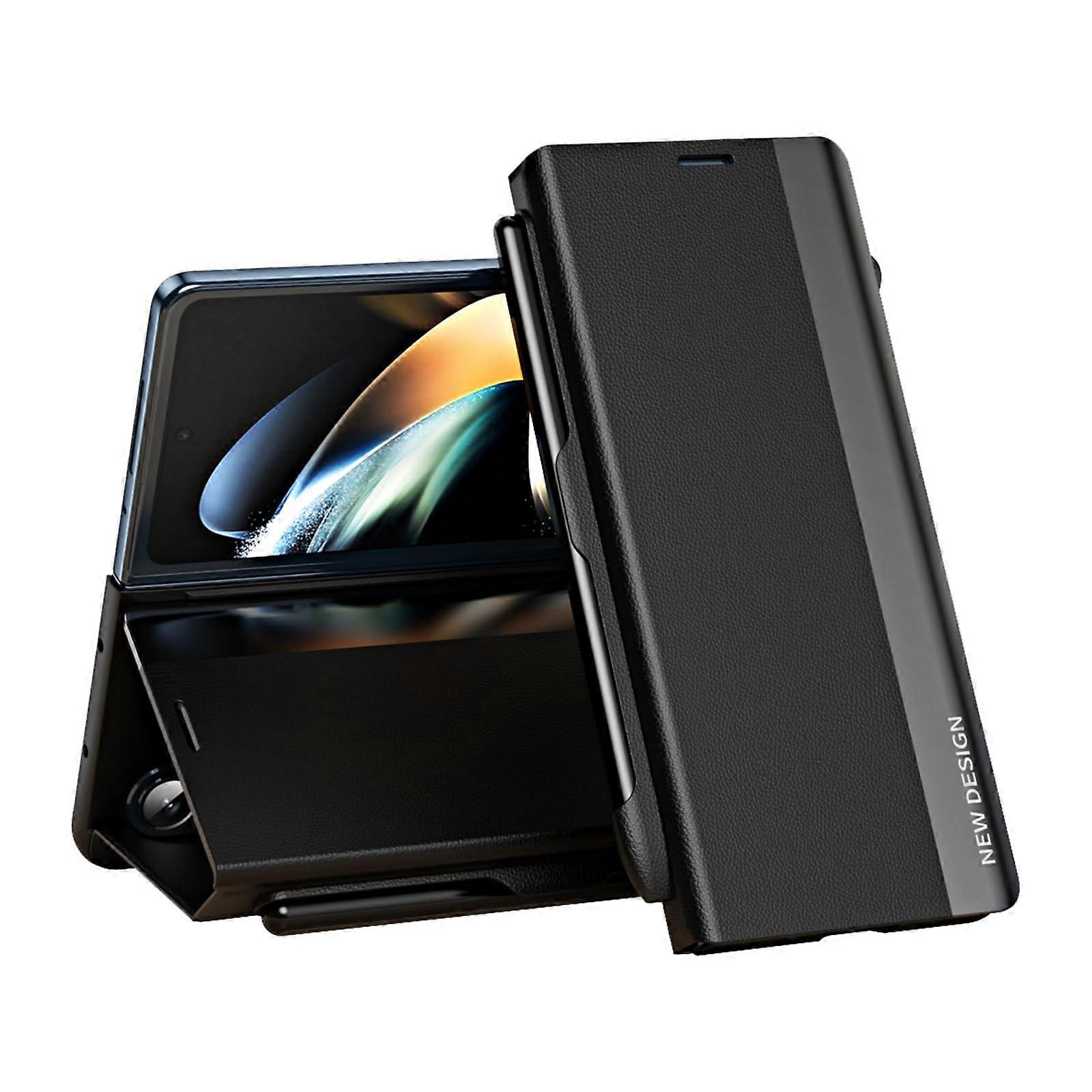 Samsung Galaxy Z Fold 6 Case With Capacitive S Pen Holder, PU Leather Kickstand, Full Body Shockproof QCX-Black